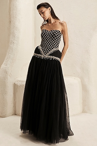Power Black Silk Taffeta & Tulle Strapless Corset Gown by Nirmooha