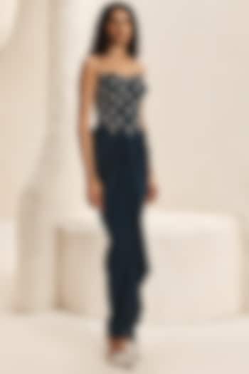 Stone Teal Bemberg Satin Draped Skirt Set by Nirmooha at Pernia's Pop Up Shop
