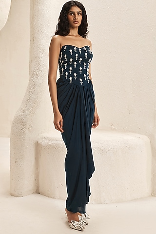 Stone Teal Bemberg Satin Draped Skirt Set by Nirmooha
