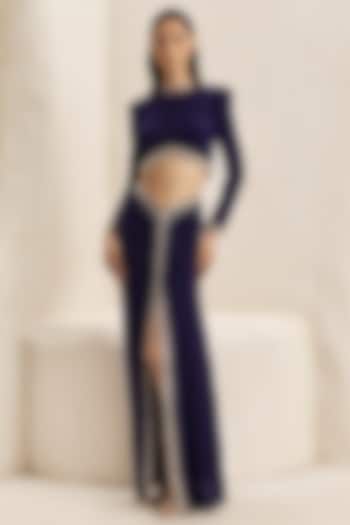 Deep Plum Crepe Lycra Draped Skirt Set by Nirmooha at Pernia's Pop Up Shop