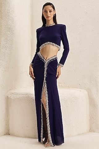 Deep Plum Crepe Lycra Draped Skirt Set by Nirmooha
