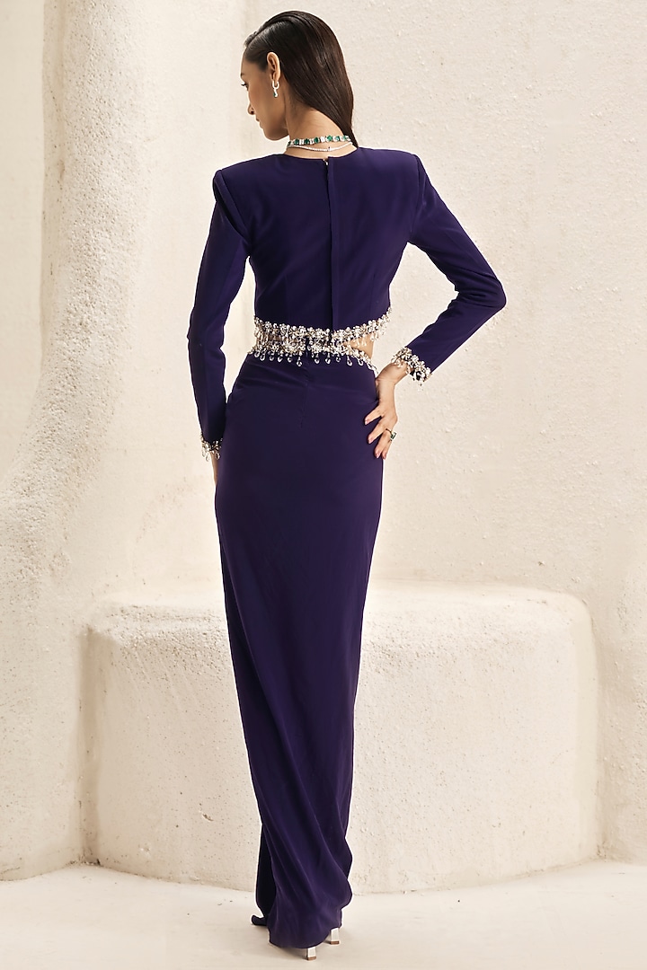 Deep Plum Crepe Lycra Draped Skirt Set by Nirmooha at Pernia's Pop Up Shop
