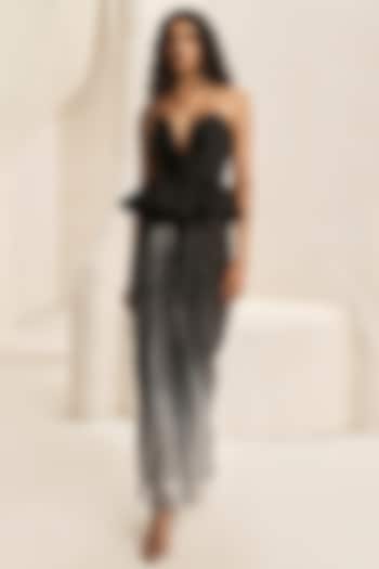 Power Black Sequins Georgette Draped Skirt Set by Nirmooha at Pernia's Pop Up Shop