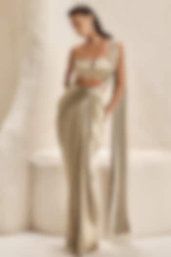 Sandstone Crinkle Satin Pre-Draped Wedding Saree Set by Nirmooha at Pernia's Pop Up Shop