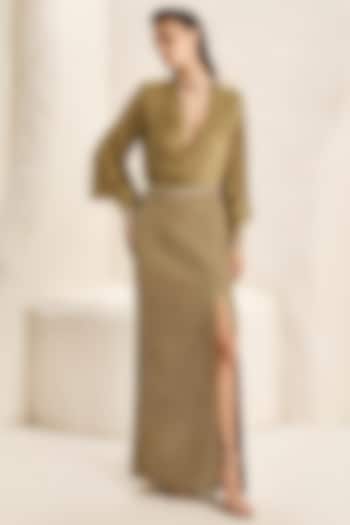 Olive Green Bemberg Satin Embellished Skirt Set by Nirmooha at Pernia's Pop Up Shop