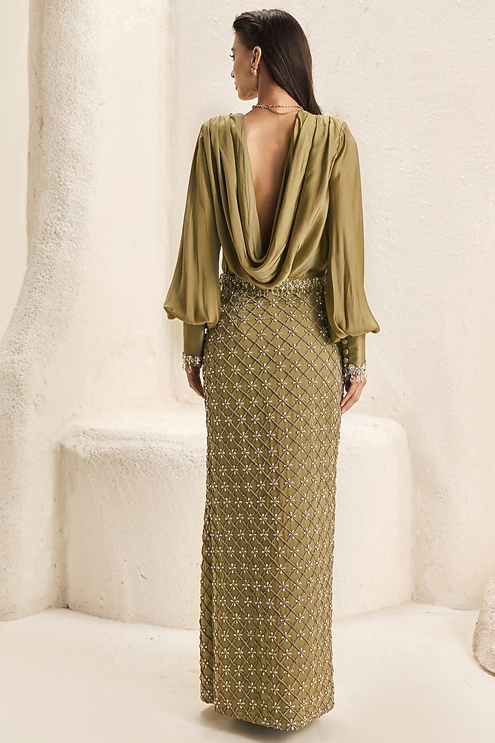 Olive Green Bemberg Satin Embellished Skirt Set by Nirmooha at Pernia's Pop Up Shop