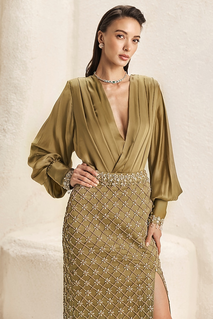 Olive Green Bemberg Satin Embellished Skirt Set by Nirmooha at Pernia's Pop Up Shop