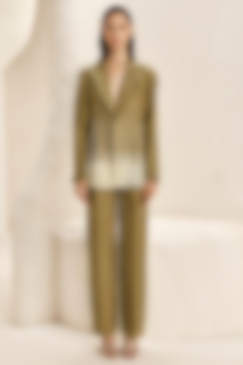 Olive Green Silk Taffeta Blazer Set by Nirmooha at Pernia's Pop Up Shop