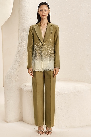 Olive Green Silk Taffeta Blazer Set by Nirmooha
