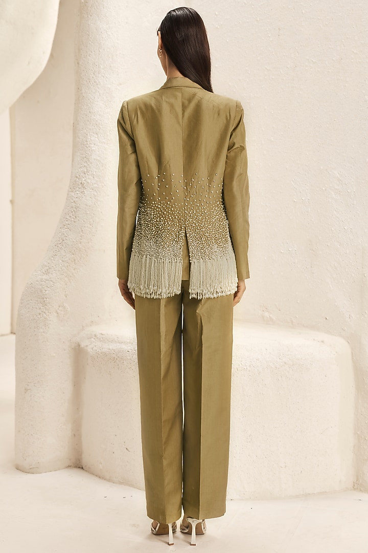 Olive Green Silk Taffeta Blazer Set by Nirmooha at Pernia's Pop Up Shop