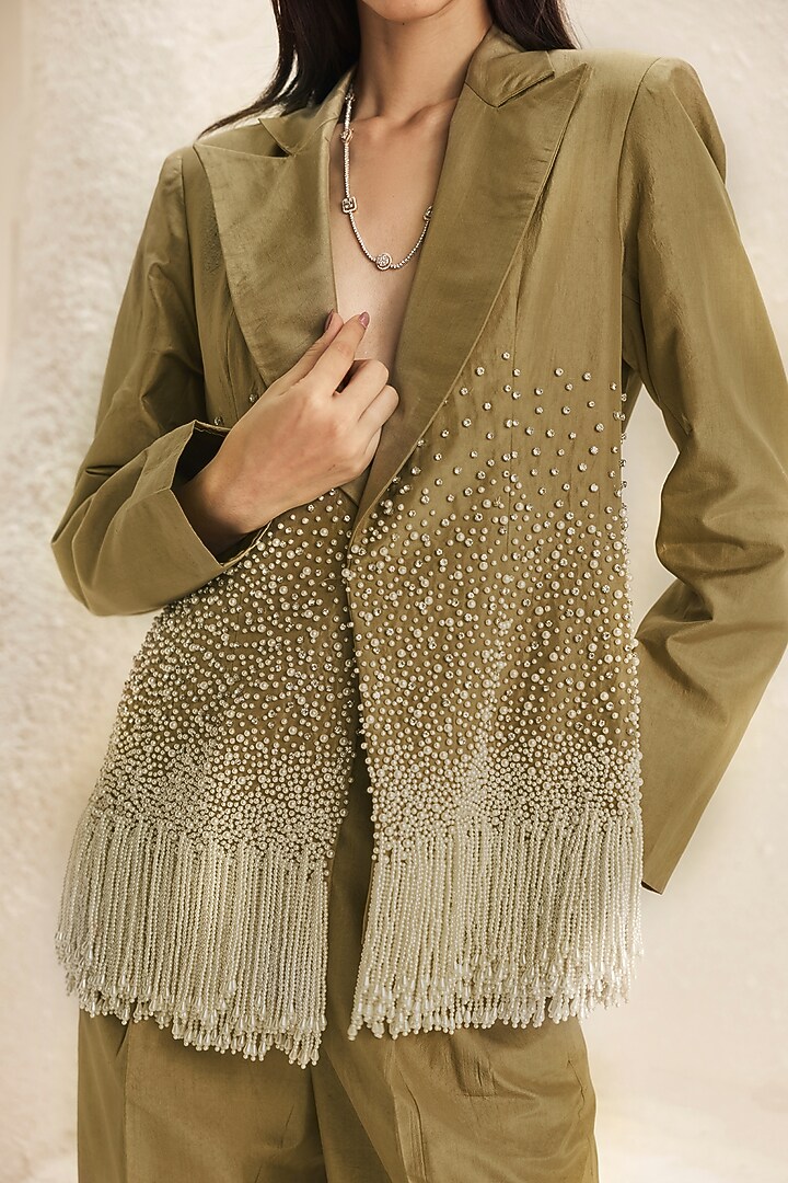 Olive Green Silk Taffeta Blazer Set by Nirmooha at Pernia's Pop Up Shop