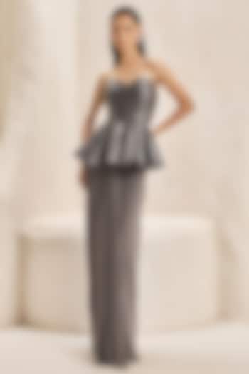 Metallic Grey Crepe Lycra Draped Skirt Set by Nirmooha at Pernia's Pop Up Shop