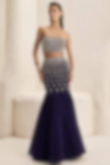 Deep Plum Crepe Lycra Crystal Embroidered Mermaid Skirt Set by Nirmooha at Pernia's Pop Up Shop