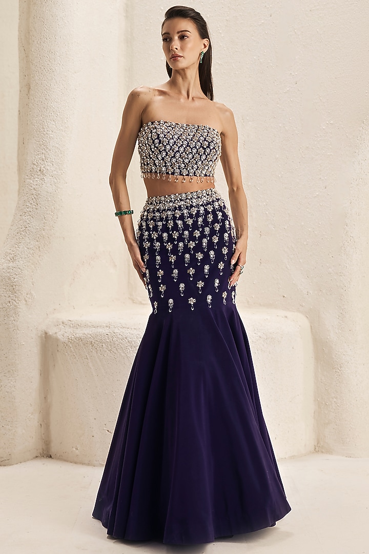 Deep Plum Crepe Lycra Crystal Embroidered Mermaid Skirt Set by Nirmooha at Pernia's Pop Up Shop