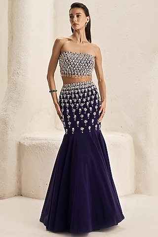 Deep Plum Crepe Lycra Crystal Embroidered Mermaid Skirt Set by Nirmooha