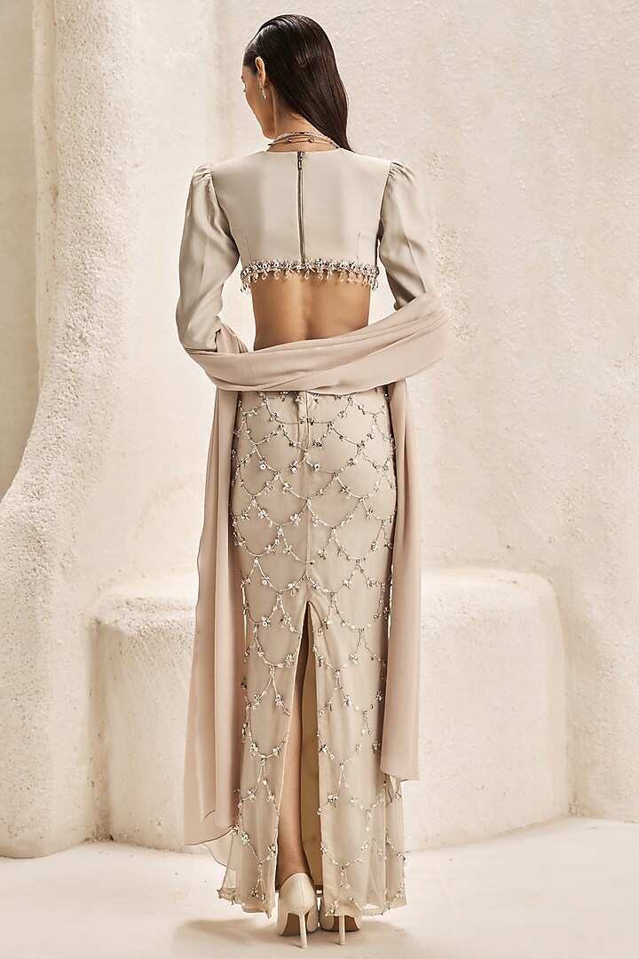 Pearl Ivory Bemberg Satin & Micro Skirt Set by Nirmooha at Pernia's Pop Up Shop