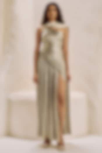 Sandstone Crinkled Satin Ruched Engagement Gown by Nirmooha at Pernia's Pop Up Shop