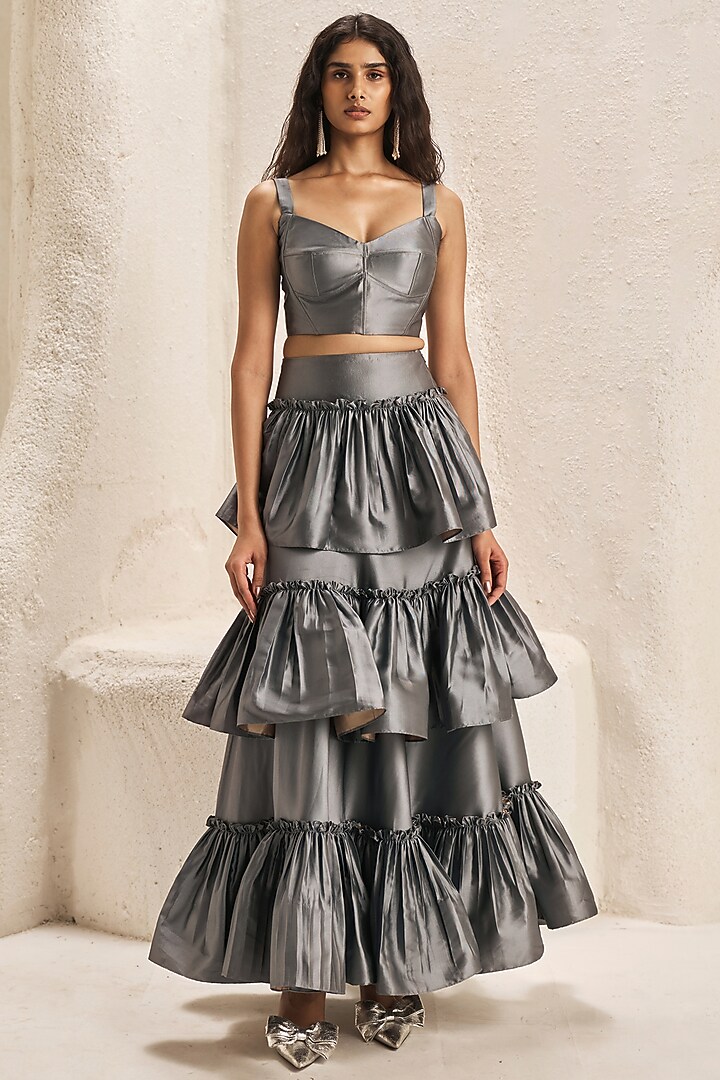 Metallic Grey Silk Taffeta Ruffled Skirt Set by Nirmooha at Pernia's Pop Up Shop