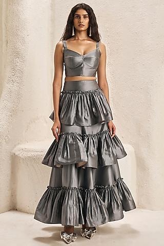 Metallic Grey Silk Taffeta Ruffled Skirt Set by Nirmooha