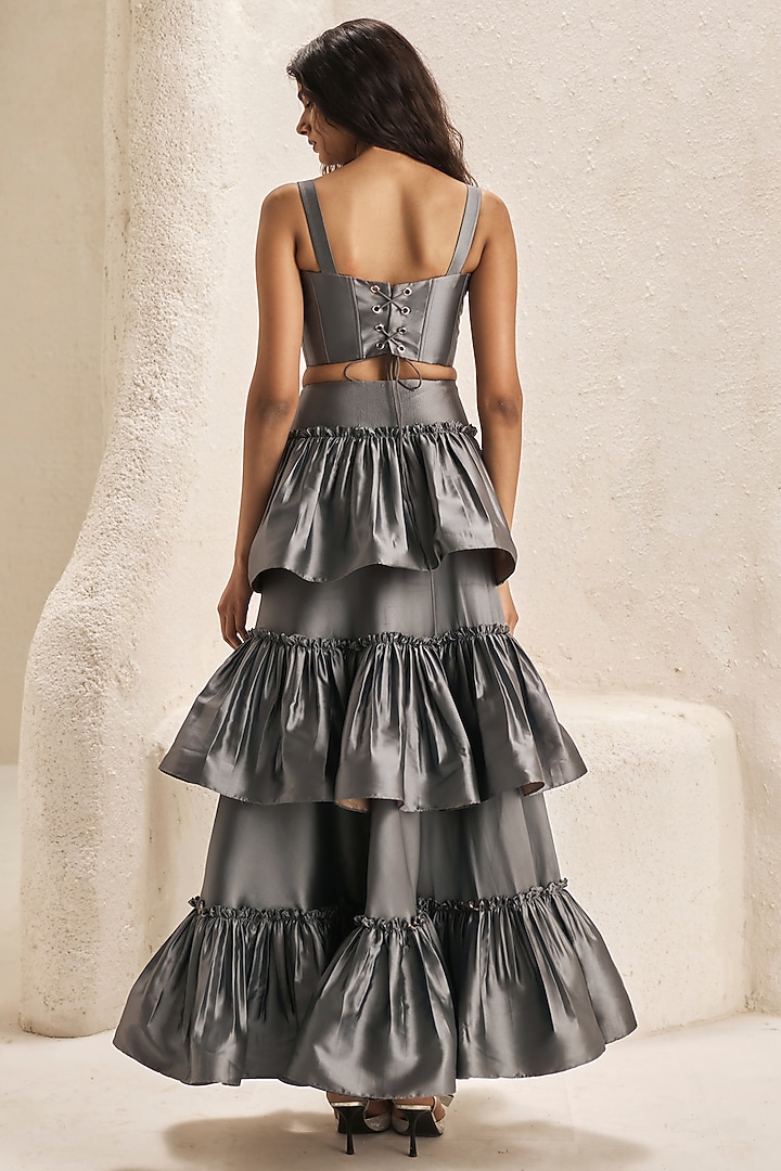 Metallic Grey Silk Taffeta Ruffled Skirt Set by Nirmooha at Pernia's Pop Up Shop