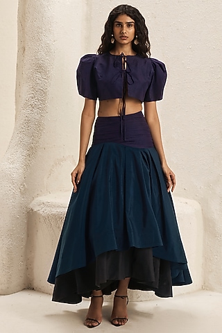 Deep Plum Silk Taffeta Layered Skirt Set by Nirmooha