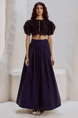 Deep Plum Silk Taffeta Flared Skirt Set by Nirmooha