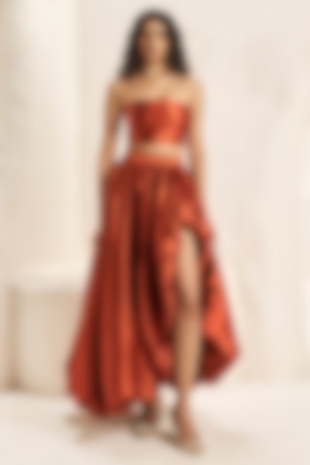 Terracotta Rust Silk Taffeta High-Low Balloon Skirt Set by Nirmooha at Pernia's Pop Up Shop