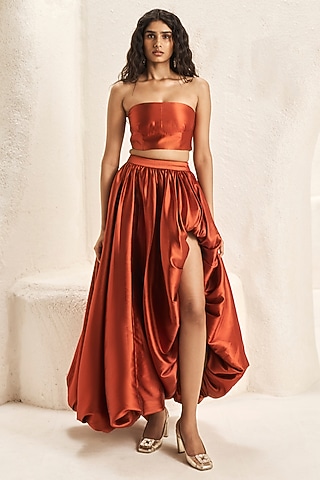 Terracotta Rust Silk Taffeta High-Low Balloon Skirt Set by Nirmooha