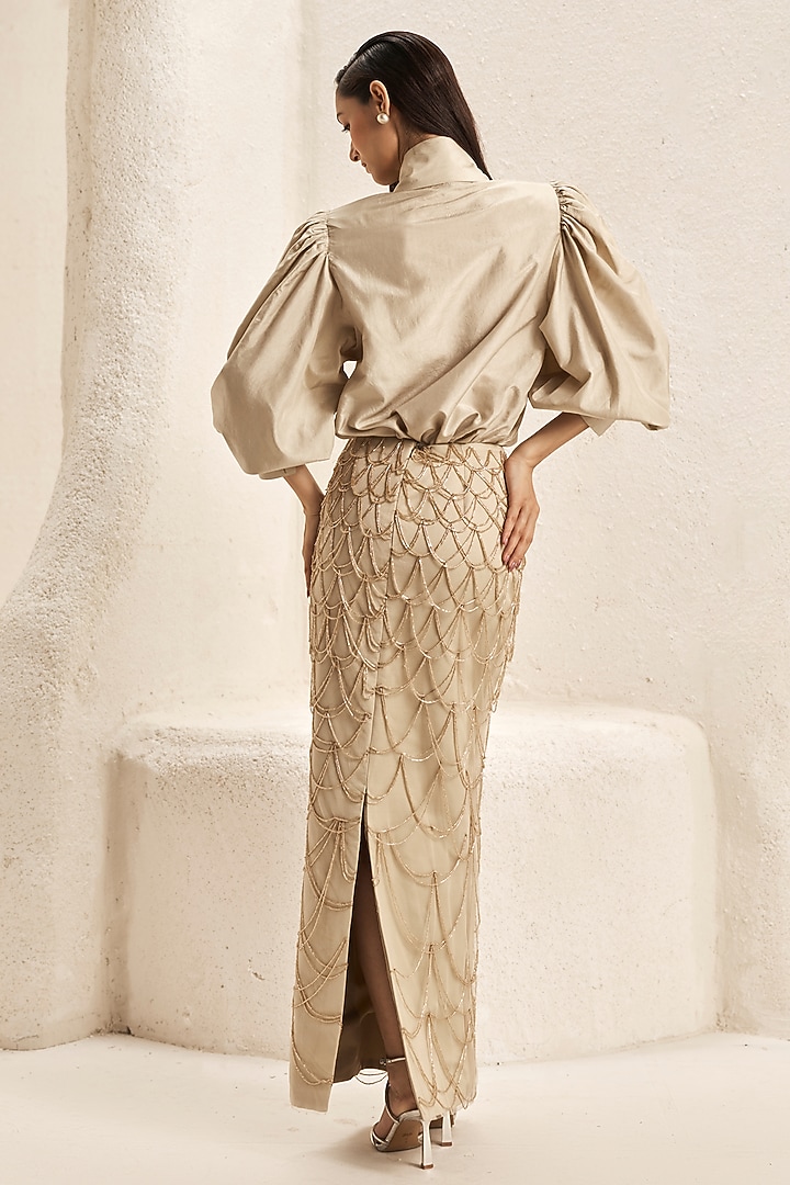 Pearl Ivory Bemberg Satin Fitted Skirt Set by Nirmooha at Pernia's Pop Up Shop