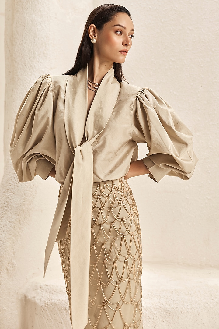 Pearl Ivory Bemberg Satin Fitted Skirt Set by Nirmooha at Pernia's Pop Up Shop