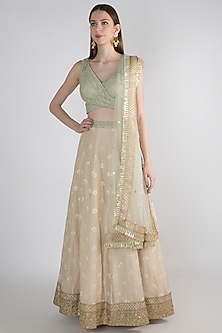 Sage Green & Beige Embroidered Lehenga Set Design by Nirmooha at Pernia ...