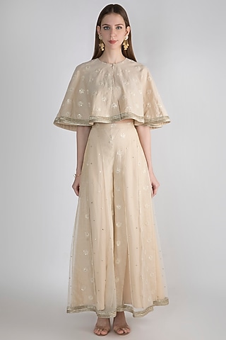 Beige Embroidered Poncho Cape With Palazzo Pants by Nirmooha