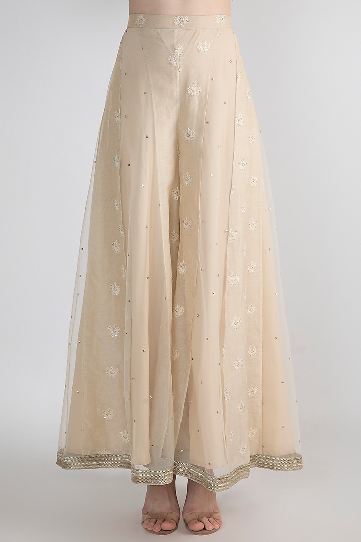 Beige Embroidered Poncho Cape With Palazzo Pants by Nirmooha at Pernia's Pop Up Shop