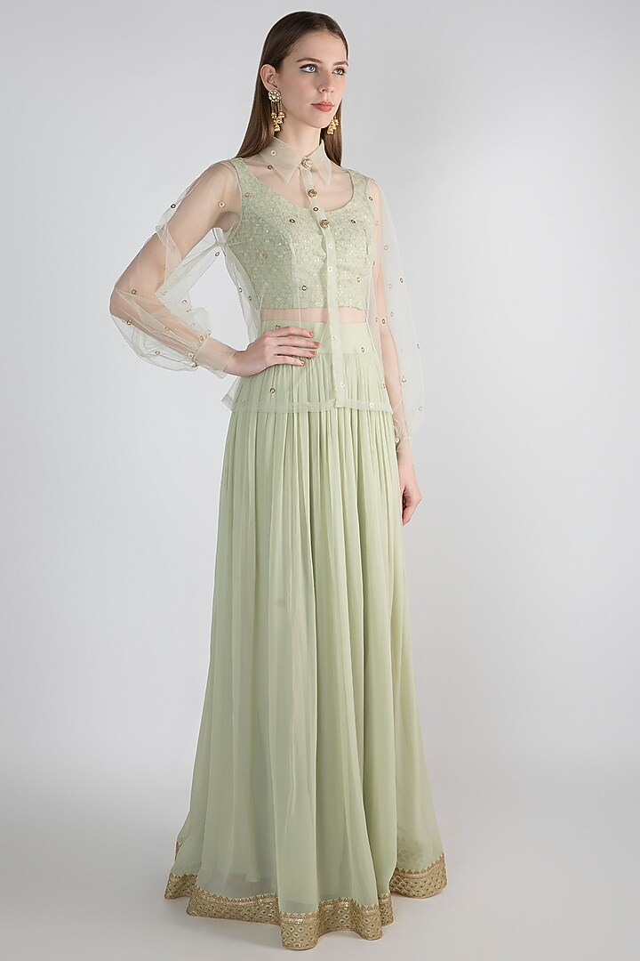 Sage Green Karachi Embroidered Wedding Lehenga Set by Nirmooha at Pernia's Pop Up Shop