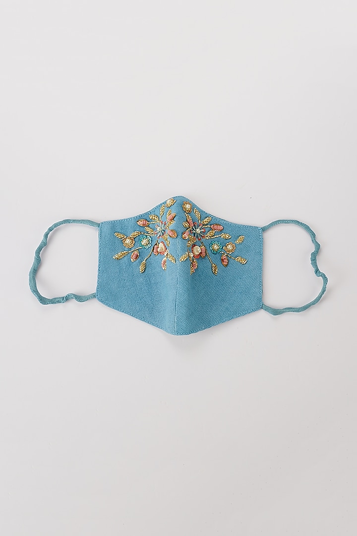 Sky Blue & Yellow Floral Embellished 3 Ply Mask by Nirmooha