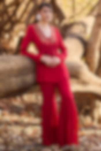 Red Crepe Wedding Sharara Set by Nirmooha at Pernia's Pop Up Shop