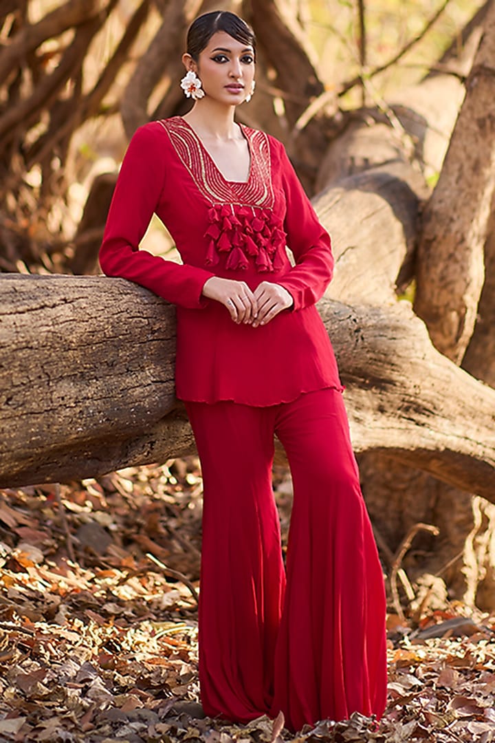 Red Crepe Wedding Sharara Set by Nirmooha at Pernia's Pop Up Shop