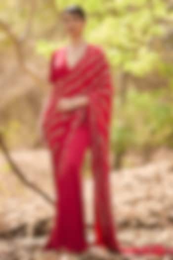 Red Crepe Hand Embroidered Pre-Draped Reception Saree Set by Nirmooha at Pernia's Pop Up Shop