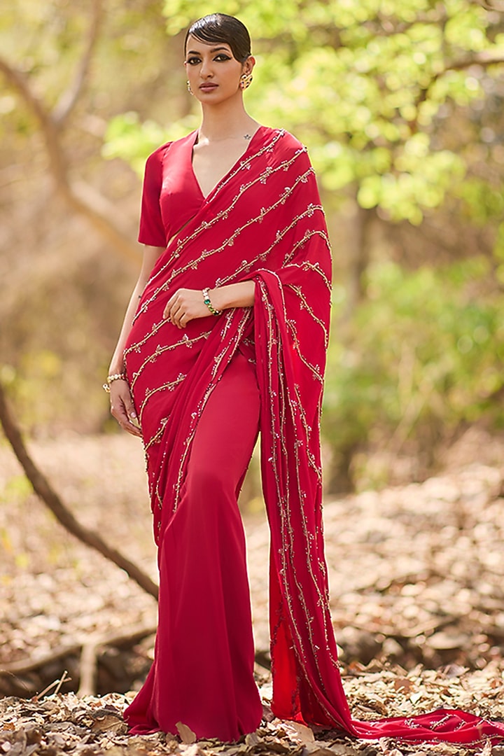 Red Crepe Hand Embroidered Pre-Draped Reception Saree Set by Nirmooha at Pernia's Pop Up Shop