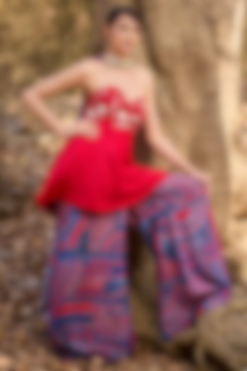 Red Mul Silk Geometric Printed Wedding Sharara Set by Nirmooha at Pernia's Pop Up Shop