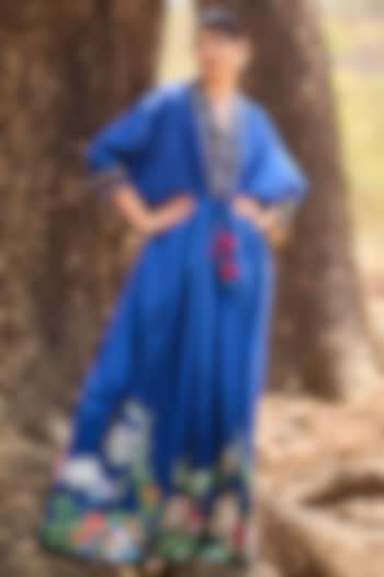 Blue Mul Silk Floral Printed & Hand Embroidered Kaftan by Nirmooha at Pernia's Pop Up Shop