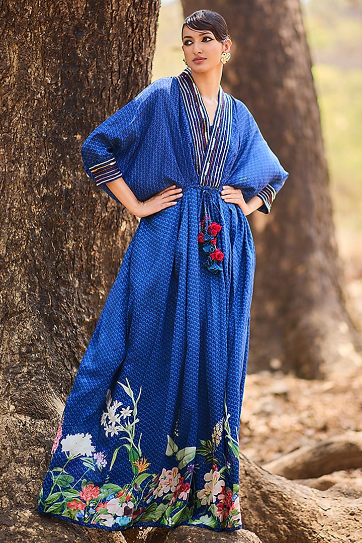 Blue Mul Silk Floral Printed & Hand Embroidered Kaftan by Nirmooha at Pernia's Pop Up Shop