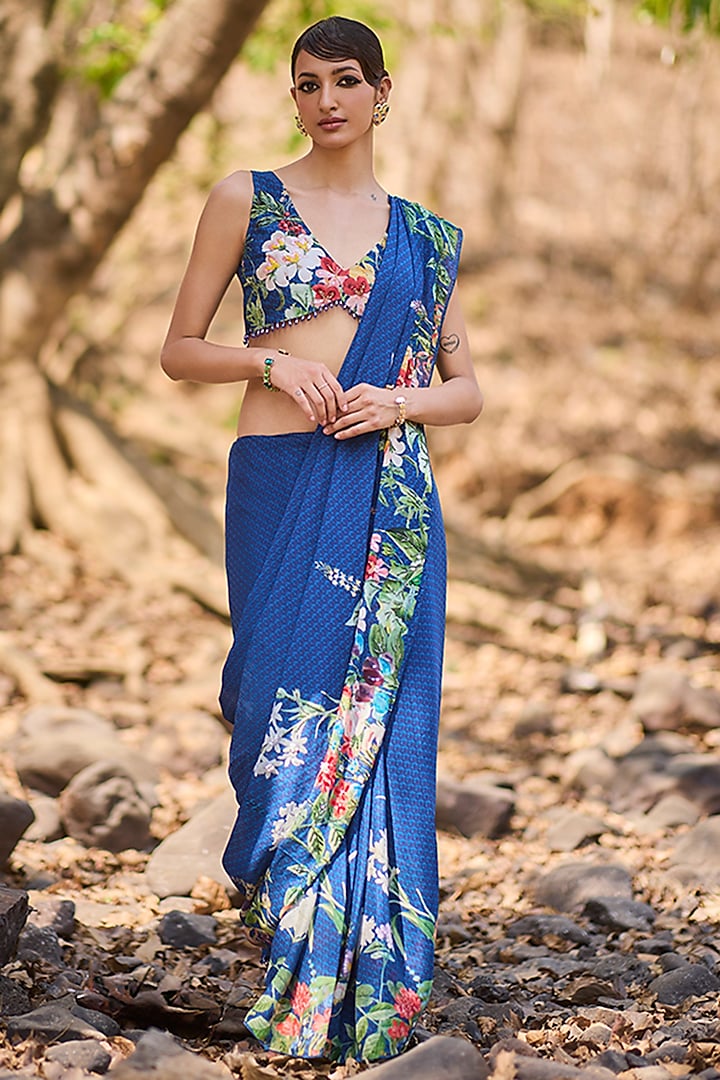 Blue Chiffon Floral Printed & Hand Embroidered Wedding Saree Set by Nirmooha at Pernia's Pop Up Shop