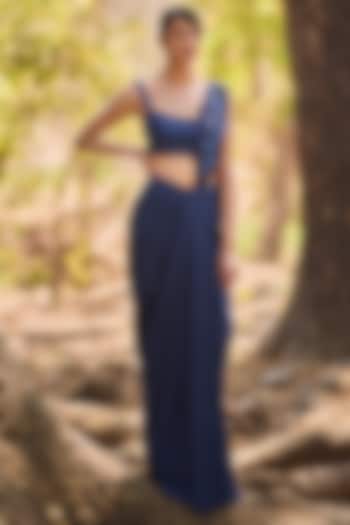 Blue Denim Hand Embroidered Pre-Draped Wedding Saree Set by Nirmooha at Pernia's Pop Up Shop