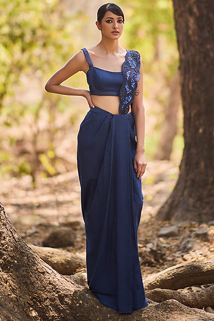 Blue Denim Hand Embroidered Pre-Draped Wedding Saree Set by Nirmooha at Pernia's Pop Up Shop
