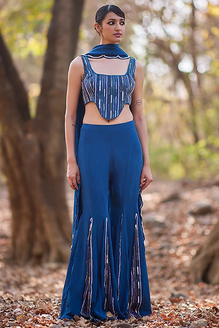 Blue Crepe Bridal Sharara Set by Nirmooha at Pernia's Pop Up Shop