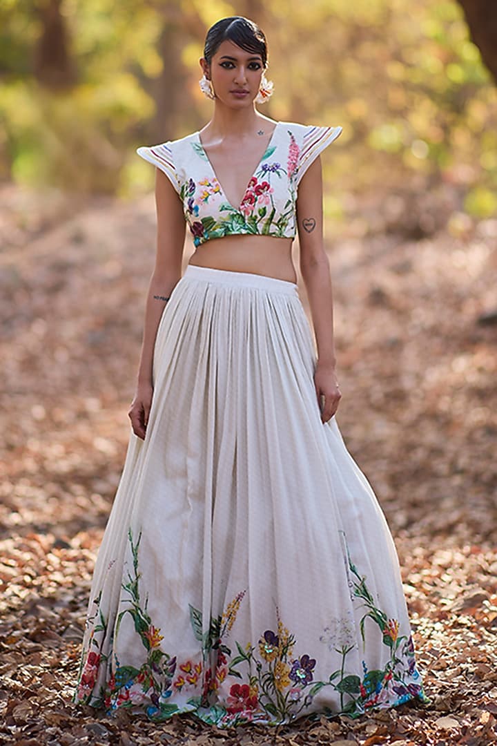 Ivory Mul Silk Floral Printed Wedding Lehenga Set by Nirmooha at Pernia's Pop Up Shop