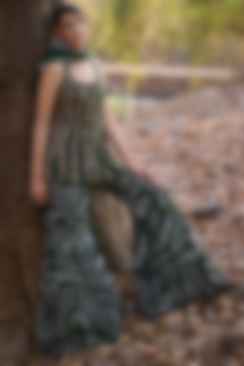 Olive Green Chiffon Geometric Printed Wedding Sharara Set by Nirmooha at Pernia's Pop Up Shop