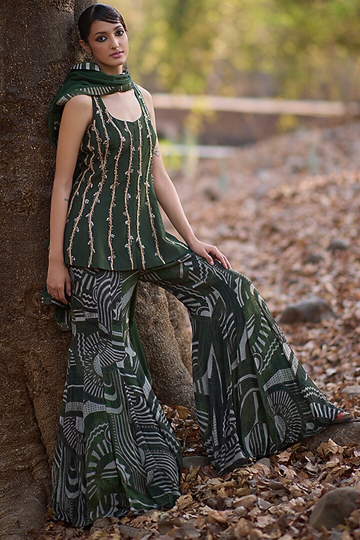 Olive Green Chiffon Geometric Printed Wedding Sharara Set by Nirmooha at Pernia's Pop Up Shop