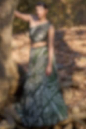 Olive Green Mul Silk Geometric Printed & Hand Embroidered Wedding Lehenga Set by Nirmooha at Pernia's Pop Up Shop